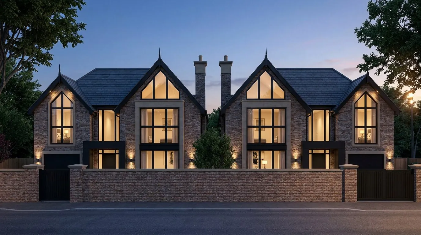 The two houses at dusk