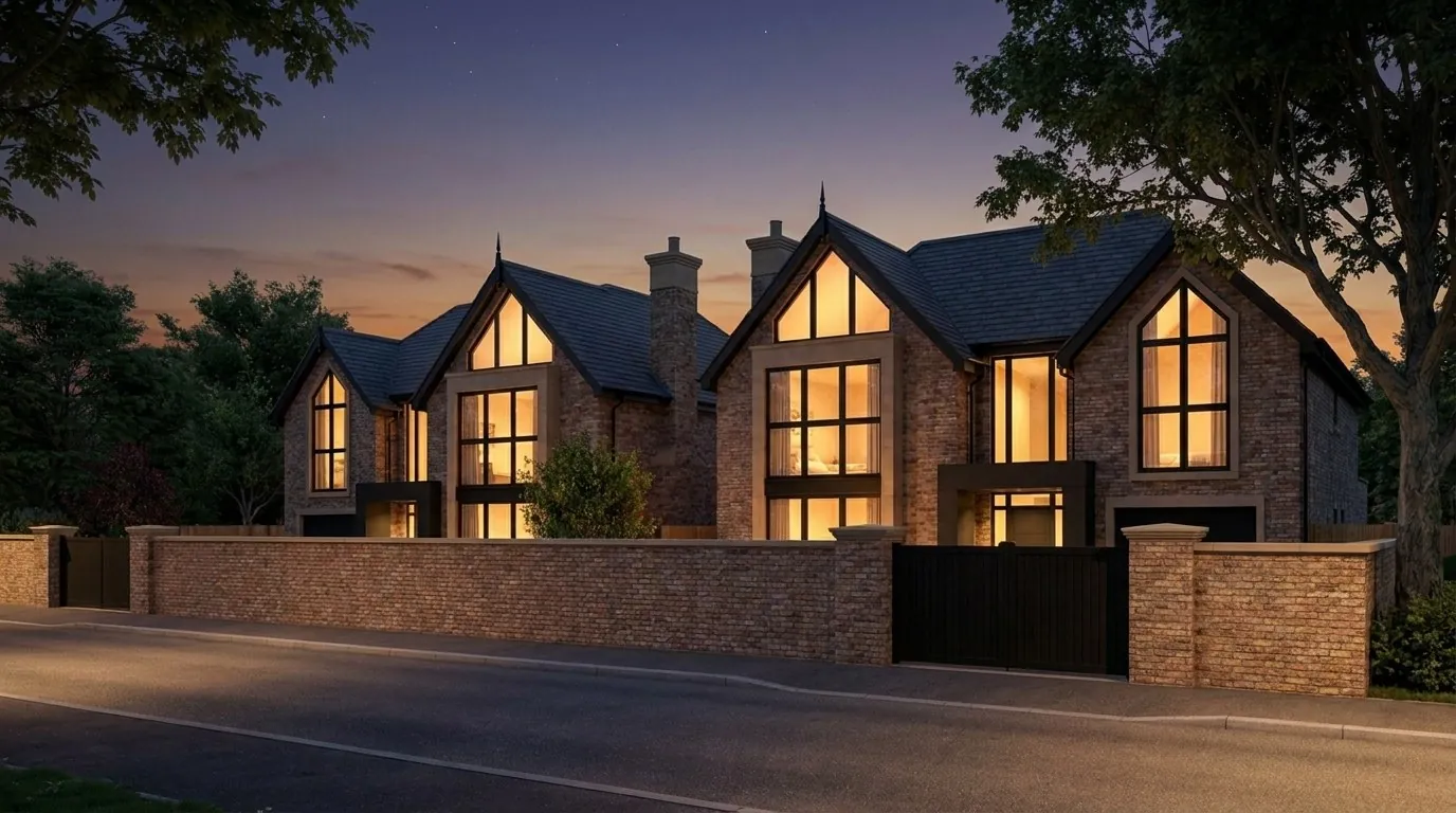 Gated frontage at nightfall